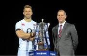 22 January 2014; In attendance at the launch of the 2014 RBS Six Nations Championship are England head coach Stuart Lancaster and captain Chris Robshaw with the RBS Six Nations Championship trophy. RBS Six Nations Championship 2014 Launch, The Hurlingham Club, Ranelagh Gardens, London. Picture credit: Garry Bowden / SPORTSFILE