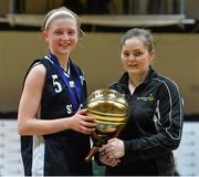 22 January 2014; Edel Thornton, St. Vincents, is presented with the  MVP by Louise O'Loughlin, Basketball Ireland. All-Ireland Schools Cup U19A Girls Final, Colaiste an Phiarsigh Gleann Maghair, Co. Cork v St Vincents, Co. Cork. National Basketball Arena, Tallaght, Co. Dublin. Picture credit: David Maher / SPORTSFILE
