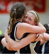 22 January 2014; Edel Thornton, right, and Olivia Dupuy, St. Vincents celebrate at the end of the game. All-Ireland Schools Cup U19A Girls Final, Colaiste an Phiarsigh Gleann Maghair, Co. Cork v St Vincents, Co. Cork. National Basketball Arena, Tallaght, Co. Dublin. Picture credit: David Maher / SPORTSFILE