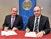 23 January 2014; Today a new programme was launched by the Innovation Academy, UCD and the GAA who will collaborate on a new initiative aimed at promoting sustainable communities throughtout Ireland. Uachtarán Chumann Lúthchleas Gael Liam Ó Néill, left, and Professor Andrew Deeks, President of UCD, sign the Memorandum of Understanding between the GAA and UCD at the launch of the GAA Innovation Academy Rural Communities Programme. Croke Park, Dublin. Picture credit: Barry Cregg / SPORTSFILE