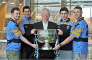 23 January 2014; UCD GAA Executive Dave Billings with the Sam Magiuire Cup and Dublin footballers, from left, Jack McCaffrey, Rory O'Carroll, Davy Byrne and Paul Mannion at the announcement of the Grant Thornton UCD Gaelic Football Scholarships in memory of the late Sean Murray. UCD Sport, Belfield, Dublin. Picture credit: Pat Murphy / SPORTSFILE