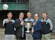 23 January 2014; Noel Delaney, Grant Thornton Partner, second from right, holds the Sam Maguire Cup with Dominic O’Keeffe, UCD, Director of Student Services & Facilities, second from left, alongside, from left, Davy Byrne, Paul Mannion and Jack McCaffrey at the announcement of the Grant Thornton UCD Gaelic Football Scholarships in memory of the late Sean Murray. UCD, Belfield, Dublin. Picture credit: Pat Murphy / SPORTSFILE