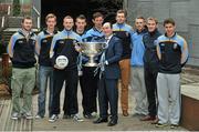 23 January 2014; Noel Delaney, Grant Thornton Partner, with the Sam Maguire Cup and UCD GAA players, from left, Jack McCaffrey, Paul Kingston, Eoghan Keogh, Killian Buckley, Joe Lyng, Walter Walsh, Paul Mannion, Noel McGrath and Davy Byrne at the announcement of the Grant Thornton UCD Gaelic Football Scholarships in memory of the late Sean Murray. UCD Sport, Belfield, Dublin. Picture credit: Pat Murphy / SPORTSFILE
