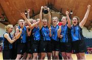 23 January 2014; St Mary's Mallow captain Sinead O'Mahony lifts the cup alongside her team-mates. All-Ireland Schools Cup U16B Girls Final, Ursuline Sligo v St Mary's Mallow, National Basketball Arena, Tallaght, Co. Dublin. Picture credit: Ramsey Cardy / SPORTSFILE