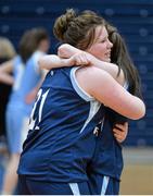 23 January 2014; Natasha Lynam, left, and Anna Grehan, Gallen CS Ferbane, celebrate at the end of the match. All-Ireland Schools Cup U16C Girls Final, Gallen CS Ferbane, Co. Offaly v St Josephs Charlestown, Co. Mayo, National Basketball Arena, Tallaght, Co. Dublin. Picture credit: Ramsey Cardy / SPORTSFILE