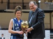 23 January 2014; Roisin Egan, Gallen CS Ferbane, is presented with the Most Valued Player Award by Bernard O'Byrne, Chief Executive, Basketball Ireland. All-Ireland Schools Cup U16C Girls Final, Gallen CS Ferbane, Co. Offaly v St Josephs Charlestown, Co. Mayo, National Basketball Arena, Tallaght, Co. Dublin. Picture credit: Ramsey Cardy / SPORTSFILE