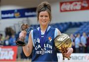 23 January 2014; Roisin Egan, Gallen CS Ferbane, with the Most Valued Player Award and cup after the match. All-Ireland Schools Cup U16C Girls Final, Gallen CS Ferbane, Co. Offaly v St Josephs Charlestown, Co. Mayo, National Basketball Arena, Tallaght, Co. Dublin. Picture credit: Ramsey Cardy / SPORTSFILE