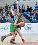 23 January 2014; Aoife Leahy, Ursuline Sligo, in action against Megan O'Connor, St Mary's Mallow. All-Ireland Schools Cup U16B Girls Final, Ursuline Sligo v St Mary's Mallow, National Basketball Arena, Tallaght, Co. Dublin. Picture credit: Ramsey Cardy / SPORTSFILE