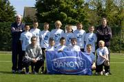 14 May 2005; The Raheny team with Shelbourne FC Player Ollie Cahill, bottom left, at the Danone Nations Cup North Dublin Regional Tournament. Back Row l to r, Paul Mahon, assistant manager, Daniel Mahon, Jack Dempsey, Billy Coady, Patrick O'Higgens, Brian Talty, Sean Byrne, Brian Fenton and Arthur King, manager. Front L to R, Michael Grenham, Kevin Reid, Cathal Delaney, Eoin Gillen and Richie Phelan. Oscar Traynor Ground, Dublin.  Picture credit; Matt Browne / SPORTSFILE