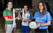 24 January 2014; Pictured at the launch of the 2014 TESCO Homegrown Ladies National Football League are players, from left, Aisling Tarpey, Mayo, Sharon Courtney, Monaghan, and Noelle Healy, Dublin. The League gets underway on Sunday February 2nd with 30 counties competing in 4 Divisions. There are 7 rounds with the top 4 teams in each division proceeding to the semi finals and the bottom team being relegated. The Division 1,2 and 3 finals take place in Parnell Park on May 10th and will be televised live on TG4. Tesco, Clarehall, Dublin. Picture credit: David Maher / SPORTSFILE