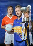 24 January 2014; Pictured at the launch of the 2014 TESCO Homegrown Ladies National Football League are, Caroline O'Hanlon, left, Armagh and Samantha Lambert, Tipperary. The League gets underway on Sunday February 2nd with 30 counties competing in 4 Divisions. There are 7 rounds with the top 4 teams in each division proceeding to the semi finals and the bottom team being relegated. The Division 1,2 and 3 finals take place in Parnell Park on May 10th and will be televised live on TG4. Tesco, Clarehall, Dublin. Picture credit: David Maher / SPORTSFILE