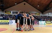 24 January 2014; The St Genevieves Belfast team in a huddle before the match. All-Ireland Schools Cup U19C Girls Final, St Genevieves Belfast v Glenamaddy Community School, National Basketball Arena, Tallaght, Co. Dublin. Picture credit: Ramsey Cardy / SPORTSFILE