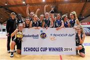 24 January 2014; The St Genevieves Belfast team celebrate with the cup. All-Ireland Schools Cup U19C Girls Final, St Genevieves Belfast, Co. Antrim v Glenamaddy Community School, Co. Galway, National Basketball Arena, Tallaght, Co. Dublin. Picture credit: Ramsey Cardy / SPORTSFILE