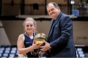 24 January 2014; Aoife Callaghan, St Genevieves Belfast,  is awarded the Most Valued Player Award by Bernard O'Byrne, Chief Executive, Basketball Ireland. All-Ireland Schools Cup U19C Girls Final, St Genevieves Belfast, Co. Antrim v Glenamaddy Community School, Co. Galway, National Basketball Arena, Tallaght, Co. Dublin. Picture credit: Ramsey Cardy / SPORTSFILE