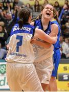 24 January 2014; Niamh Dwyer, left, and Claire Rockall, Team Montenotte Hotel Cork celebrate after the game. Basketball Ireland National Women's Senior Cup Final, UL Huskies, Limerick v Team Montenotte Hotel Cork, National Basketball Arena, Tallaght, Co. Dublin. Picture credit: Brendan Moran / SPORTSFILE