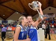 25 January 2014; Eve O'Mahony, left, and Olivia Dupuy, Team Boardwalk Bar & Grill Glanmire, celebrate with the cup after the game. Basketball Ireland Women's U18 National Cup Final, Singleton SuperValu Brunell, Cork v Team Boardwalk Bar & Grill Glanmire, Cork. National Basketball Arena, Tallaght, Co. Dublin. Photo by Sportsfile