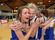 25 January 2014; Hayley Lenihan, left, and Aisling O'Driscoll, Team Boardwalk Bar & Grill Glanmire, celebrate after the game. Basketball Ireland Women's U18 National Cup Final, Singleton SuperValu Brunell, Cork v Team Boardwalk Bar & Grill Glanmire, Cork. National Basketball Arena, Tallaght, Co. Dublin. Photo by Sportsfile