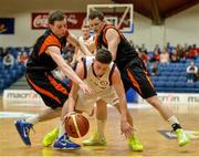 25 January 2014; Matthew Deeney, Templeogue, in action against Ryan Dunne, left, and Jake Rogers, Letterkenny Blaze. Basketball Ireland Men's U18 National Cup Final, Letterkenny Blaze, Donegal v Templeogue, Dublin. National Basketball Arena, Tallaght, Co. Dublin. Photo by Sportsfile