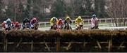 25 January 2014; Vic Dancer, with Ger Fox up, second from right, leads the field on the first circuit of the leopardstown.com Mares Maiden Hurdle. Leopardstown Racecourse, Leopardstown, Co. Dublin. Picture credit: Ramsey Cardy / SPORTSFILE