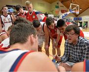 25 January 2014; Templeogue coach Conor James speaking to his players. Basketball Ireland Men's U18 National Cup Final, Letterkenny Blaze, Donegal v Templeogue, Dublin. National Basketball Arena, Tallaght, Co. Dublin. Photo by Sportsfile