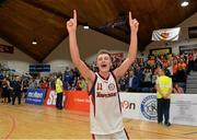 25 January 2014; Templeogue captain Sean Flood celebrates after the game. Basketball Ireland Men's U18 National Cup Final, Letterkenny Blaze, Donegal v Templeogue, Dublin. National Basketball Arena, Tallaght, Co. Dublin. Photo by Sportsfile
