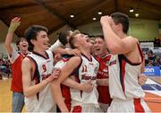 25 January 2014; Templeogue captain Sean Flood, center, celebrates with team-mates after the game. Basketball Ireland Men's U18 National Cup Final, Letterkenny Blaze, Donegal v Templeogue, Dublin. National Basketball Arena, Tallaght, Co. Dublin. Photo by Sportsfile