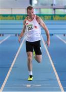 25 January 2014; John O'Loughlin, Crusaders A.C, Dublin, in action on his way to finishing in second place in the M3 60m race during in the Woodie’s DIY Master Indoor Championships of Ireland. Athlone Institute of Technology Arena, Athlone, Co. Westmeath. Picture credit: Barry Cregg / SPORTSFILE