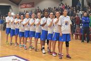 24 January 2014; The UL Huskies team stand for the National Anthem before the game. Basketball Ireland National Women's Senior Cup Final, UL Huskies, Limerick v Team Montenotte Hotel Cork, National Basketball Arena, Tallaght, Co. Dublin. Picture credit: Brendan Moran / SPORTSFILE