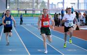 25 January 2014; Muiris Bric, centre, Gowran A.C, Co. Kilkenny, in action against David Finlay, right, St. Peter's A.C., Co. Louth, left, and Sean Doyle, Celbridge A.C., Co. Kildare, in the M4 60m race during in the Woodie’s DIY Master Indoor Championships of Ireland. Athlone Institute of Technology Arena, Athlone, Co. Westmeath. Picture credit: Barry Cregg / SPORTSFILE