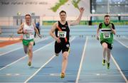 25 January 2014; John Hartnett, Clonliffe Harriers  A.C., Dublin, in action in the M2 Mens 60m race during in the Woodie’s DIY Master Indoor Championships of Ireland. Athlone Institute of Technology Arena, Athlone, Co. Westmeath. Picture credit: Barry Cregg / SPORTSFILE