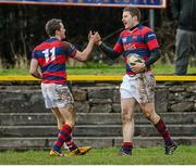 25 January 2014; David Joyce, Clontarf, is congratulated by team-mate Max McFarland, left, after scoring his side's third try. Ulster Bank League, Division 1A, Young Munster v Clontarf, Tom Clifford Park, Limerick. Picture credit: Diarmuid Greene / SPORTSFILE