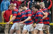 25 January 2014; Sam Cronin, Clontarf, is congratulated by team-mates after scoring his side's first try. Ulster Bank League, Division 1A, Young Munster v Clontarf, Tom Clifford Park, Limerick. Picture credit: Diarmuid Greene / SPORTSFILE