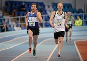 25 January 2014; Kieran Carlin, left, Finn Valley A.C, Co. Donegal, races ahead of Kevin McGlone, right, Sligo A.C. to win the M3 Mens 800m race during in the Woodie’s DIY Master Indoor Championships of Ireland. Athlone Institute of Technology Arena, Athlone, Co. Westmeath. Picture credit: Barry Cregg / SPORTSFILE