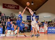 24 January 2014; Niamh Dwyer, Team Montenotte Hotel Cork, attempts a shot in the final seconds of the match as Rachael Vanderwal, UL Huskies, attempts to block. Basketball Ireland National Women's Senior League Cup Final, UL Huskies, Limerick v Team Montenotte Hotel Cork, National Basketball Arena, Tallaght, Co. Dublin. Picture credit: Brendan Moran / SPORTSFILE
