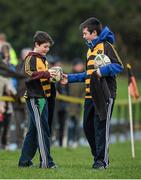 25 January 2014; Young Munster ballboys Jake Connolly, left, and Ronan Gallery inspect a punctured football during the game. Ulster Bank League, Division 1A, Young Munster v Clontarf, Tom Clifford Park, Limerick. Picture credit: Diarmuid Greene / SPORTSFILE