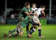 25 January 2014; Henry Slade, England Saxons, is tackled by Rob Herring and Iain Henderson, behind, Ireland Wolfhounds. Representative Fixture, England Saxons v Ireland Wolfhounds, Kingsholm, Gloucester, England. Picture credit: Rogan Thomson / SPORTSFILE