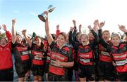 25 January 2014; Arklow RFC captain Kelly-Ann Conroy lifts the cup as her team-mates celebrate after winning the Leinster League Division 3 Final. Leinster Rugby Women's Finals Day, Arklow RFC v Gorey RFC, Edenderry RFC, Edenderry, Co. Offaly. Picture credit: Matt Browne / SPORTSFILE