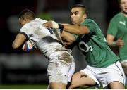 25 January 2014; Anthony Watson, England Saxons, is tackled by Simon Zebo, Ireland Wolfhounds. Representative Fixture, England Saxons v Ireland Wolfhounds, Kingsholm, Gloucester, England. Picture credit: Rogan Thomson / SPORTSFILE