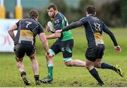 25 January 2014; Michael Graham, Ballinahinch, in action against John Quill and John Gleeson, right, Dolphin. Ulster Bank League Division 1A, Ballinahinch v Dolphin, Ballymacarn Park, Ballinahinch, Co. Antrim. Picture credit: John Dickson / SPORTSFILE