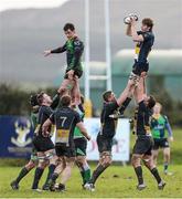 25 January 2014; Eoin O'Shoughnesey, Dolphin, wins possession for his side in a lineout. Ulster Bank League Division 1A, Ballinahinch v Dolphin, Ballymacarn Park, Ballinahinch, Co. Antrim. Picture credit: John Dickson / SPORTSFILE