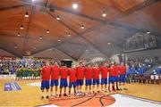 24 January 2014; The C&S UCC Demons and Dublin Inter teams stand for the National Anthem. Basketball Ireland National Men's Senior Cup Final, C&S UCC Demons, Cork v Dublin Inter, National Basketball Arena, Tallaght, Co. Dublin. Picture credit: Brendan Moran / SPORTSFILE