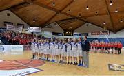 26 January 2014; Team Boardwalk Bar & Grill Glanmire and Singleton SuperValu Brunell stand during the National Anthem before the match. Basketball Ireland Women's U20 National Cup Final, Singleton SuperValu Brunell, Cork v Team Boardwalk Bar & Grill Glanmire, Cork. National Basketball Arena, Tallaght, Co. Dublin. Picture credit: Ramsey Cardy / SPORTSFILE
