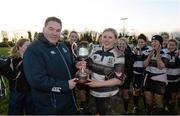25 January 2014; Robert McDermott, from Leinster Rugby presents Old Belvedere J1's captain Sharon Barrett with  the Leinster Women's League Division 1 Final Cup, Clondalkin RFC v Old Belvedere RFC. Leinster Rugby Women's Finals Day, Edenderry RFC, Edenderry, Co. Offaly. Picture credit: Matt Browne / SPORTSFILE
