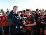 25 January 2014; Robert McDermott, from Leinster Rugby presents Arklow RFC captain Kelly-Ann Conroy with the Leinster League Division 3 Final Cup. Arklow RFC v Gorey RFC, Leinster Rugby Women's Finals Day, Edenderry RFC, Edenderry, Co. Offaly. Picture credit: Matt Browne / SPORTSFILE