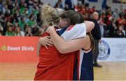 26 January 2014; Billie O'Leary, left, and Aoife Dineen, Singleton SuperValu Brunell, celebrate after the match. Basketball Ireland Women's U20 National Cup Final, Singleton SuperValu Brunell, Cork v Team Boardwalk Bar & Grill Glanmire, Cork. National Basketball Arena, Tallaght, Co. Dublin. Picture credit: Ramsey Cardy / SPORTSFILE