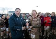 25 January 2014; Robert McDermott, from Leinster Rugby presents Tullow captain Tara Caldbeck with the Leinster League Division 2 Final Cup, Mullingar RFC v Tullow RFC. Leinster Rugby Women's Finals Day, Edenderry RFC, Edenderry, Co. Offaly. Picture credit: Matt Browne / SPORTSFILE