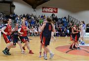26 January 2014; Singleton SuperValu Brunell players celebrate at the final whistle. Basketball Ireland Women's U20 National Cup Final, Singleton SuperValu Brunell, Cork v Team Boardwalk Bar & Grill Glanmire, Cork. National Basketball Arena, Tallaght, Co. Dublin. Picture credit: Ramsey Cardy / SPORTSFILE