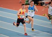26 January 2014; Keith Doherty, left, Tallaght A.C., on his way to winning the Junior Men's 60m at the Woodie’s DIY Junior & U23 Championships of Ireland. Athlone Institute of Technology Arena, Athlone, Co. Westmeath. Photo by Sportsfile