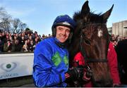 26 January 2014; Jockey Ruby Walsh in the winners enclosure with Hurricane Fly after winning The BHP Insurance Irish Champion Hurdle. Leopardstown Racecourse, Leopardstown, Co. Dublin. Picture credit: Barry Cregg / SPORTSFILE
