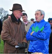26 January 2014; Jockey Ruby Walsh speaking with trainer Willie Mullins in the winners enclosure after he rode Hurricane Fly to win The BHP Insurance Irish Champion Hurdle. Leopardstown Racecourse, Leopardstown, Co. Dublin. Picture credit: Barry Cregg / SPORTSFILE